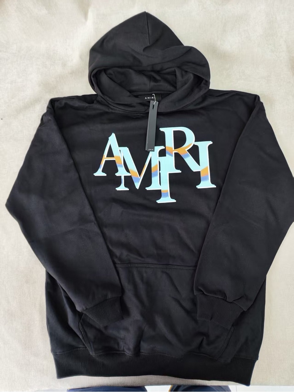 AMIRI Black Hoodie with Aqua and Orange Gradient Logo